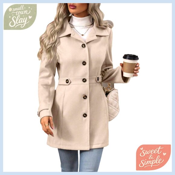 Wool Blend Pea Coat Notched Lapel Single Breasted Winter Casual Overcoat